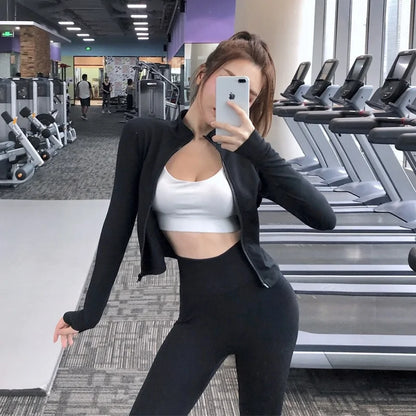 Women's Slim Zipper Sports Gym Running Long Sleeve Crop Tops